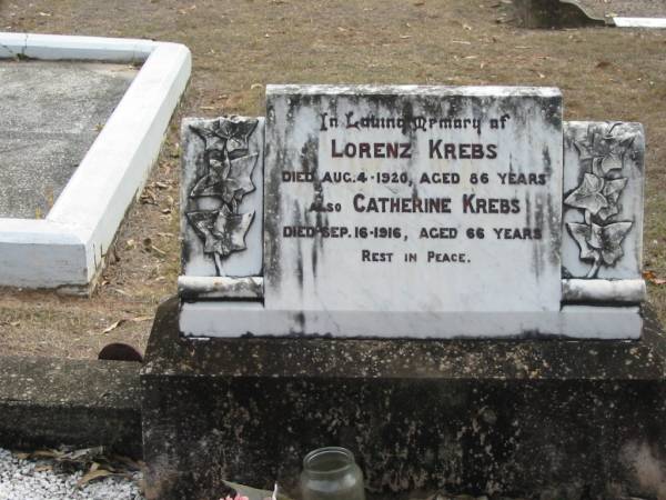 Lorenz KREBS  | 4 Aug 1920, aged 86  | Catherine KREBS  | 16 Sep 1916, aged 66  | Haigslea Lawn Cemetery, Ipswich  | 