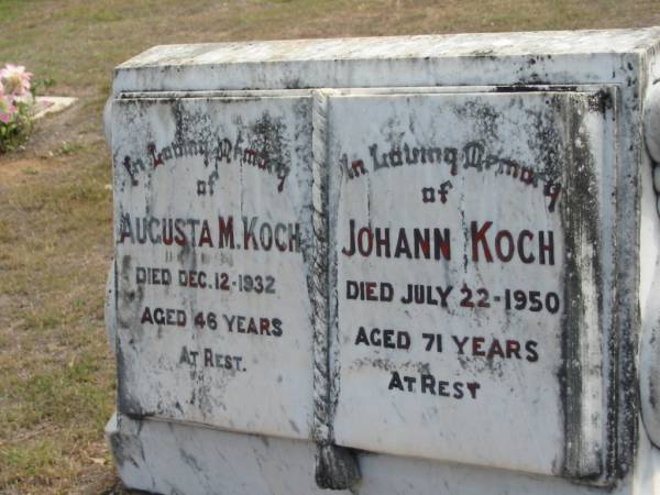 Augusta M KOCH  | 12 Dec 1932, aged 46  | Johann KOCH  | 22 Jul 1950, aged 71  | Haigslea Lawn Cemetery, Ipswich  | 