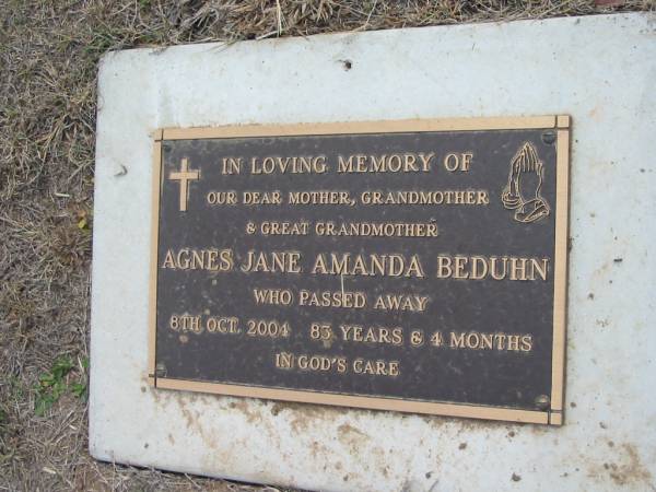 Agnes Jane Amanda BEDUHN  | 8 Oct 2004, aged 83 years, 4 months  | Haigslea Lawn Cemetery, Ipswich  | 