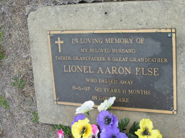 Lionel Aaron ELSE  | 8 Jun 1997, aged 90 years 11 months  | Haigslea Lawn Cemetery, Ipswich  | 