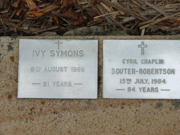 Ivy SYMONS  | 8 Aug 1986, aged 81  | Cyril Chaplin SOUTER-ROBERTSON  | 15 Jul 1984, aged 84  | Saint Augustines Anglican Church, Hamilton  |   | 