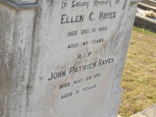 Ellen HAYES  | d 3 Jul 1917, aged 75  | Patrick HAYES  | d: 2 Jan 1933, aged 95  | Ellen C HAYES  | d: 18 Dec 1928, aged 49  | John Patrick HAYES  | d: 29 May 1951, aged 71  | (uncle) Henry Joseph HAYES  | d: 23 Aug 1942, aged 68  | Harrisville Cemetery - Scenic Rim Regional Council  |   | 