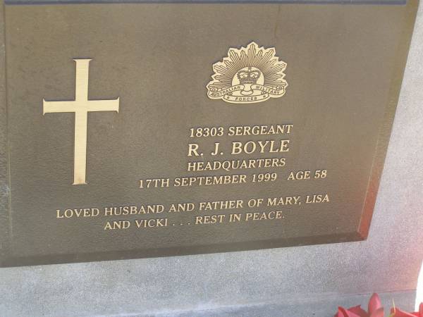 R.J. BOYLE  | d: 17 Sep 1999, aged 58  | loved husband and father of Mary, Lisa, Vicki  | Harrisville Cemetery - Scenic Rim Regional Council  |   | 