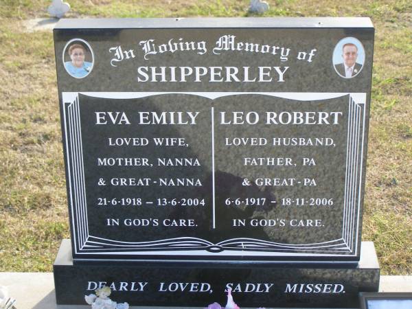 Eva Emile SHIPPERLEY  | b: 21 Jun 1918, d: 13 Jun 2004  | Leo Robert SHIPPERLEY  | b: 6 Jun 1917, d: 18 Nov 2006  | Harrisville Cemetery - Scenic Rim Regional Council  |   | 