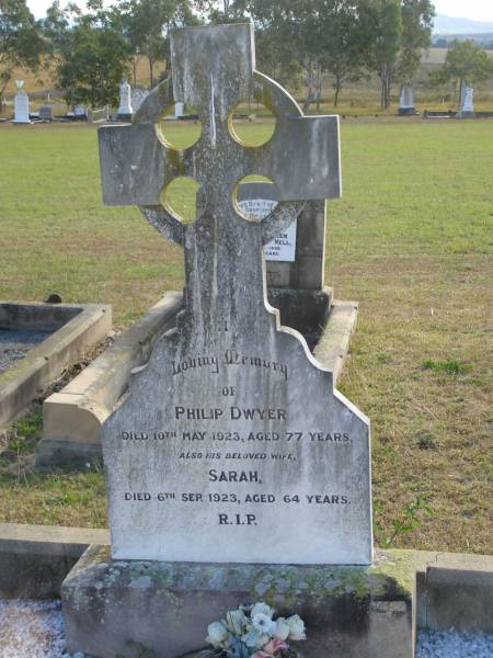 Philip DWYER  | d: 10 May 1923, aged 77  | (wife) Sarah (DWYER)  | d: 6 Sep 1923, aged 64  | Harrisville Cemetery - Scenic Rim Regional Council  |   | 