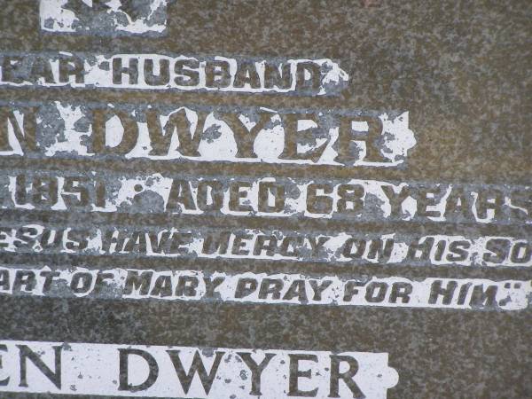 John DWYER  | d: 12 Nov 1951, aged 68  | Eileen DWYER  | d: 1 Dec 1985, aged 84  | Harrisville Cemetery - Scenic Rim Regional Council  |   | 