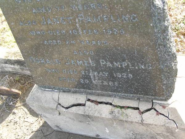 Daniel PAMPLING  | d: 18 May 1923, aged 77  | Janet PAMPLING  | d: 10 Feb 1926, aged 84  | Donald James PAMPLING  | d: 21 May 1928, aged 20  | Charlotte PAMPLING  | d: 10 Mar 1951, aged 58 years 11 months  | Harrisville Cemetery - Scenic Rim Regional Council  | 