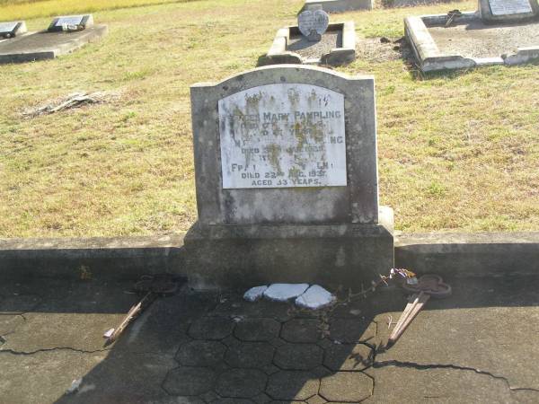 Frances Mary PAMPLING  | d: 17 Feb? 1942 aged 66  | Daniel Robert PAMPLING  | d: 30 Jan 1939 aged 66?  | Frances Mary MUNT  | D: 22 Aug 1937, aged 33  | Harrisville Cemetery - Scenic Rim Regional Council  | 