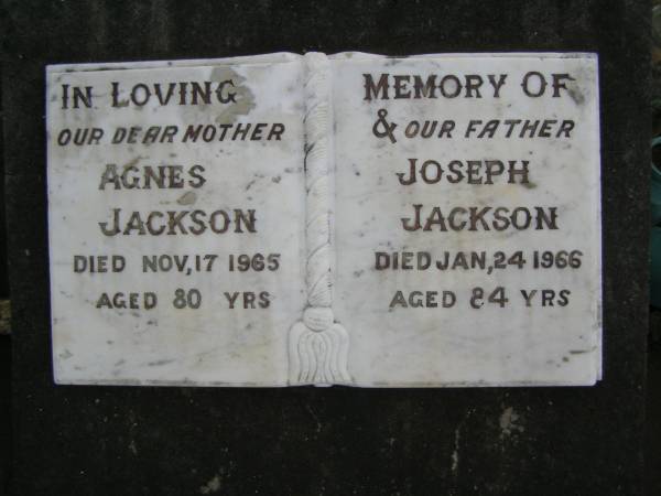 Agnes JACKSON  | d: 17 Nov 1965, aged 80  | Joseph JACKSON  | d: 24 Jan 1966, aged 84  | Harrisville Cemetery - Scenic Rim Regional Council  | 