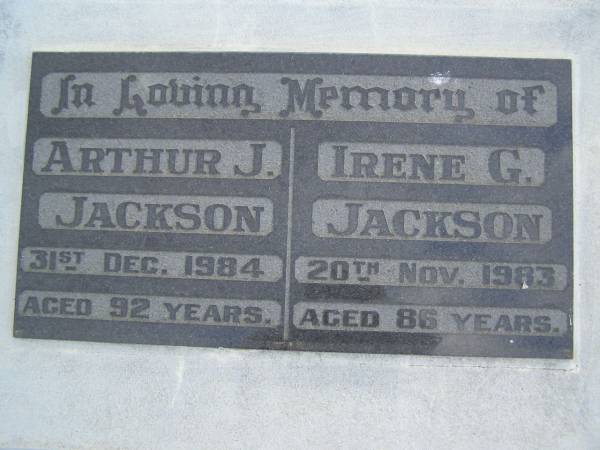 Arthur J JACKSON  | d: 31 Dec 1984, aged 92  | Irene G JACKSON  | d: 20 Nov 1983, aged 86  | Harrisville Cemetery - Scenic Rim Regional Council  | 
