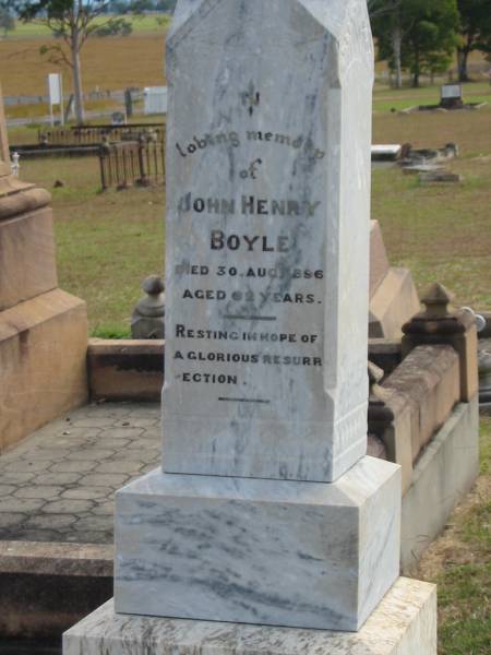 John Henry BOYLE  | d: 30 Aug 1896, aged 62  | Harrisville Cemetery - Scenic Rim Regional Council  |   | 