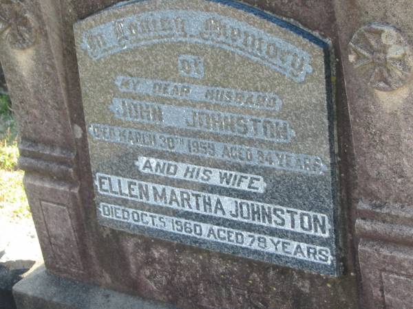John JOHNSTON  | d: 30 Mar 1959, aged 84  | (wife) Ellen Martha JOHNSTON (Nell)  | d: 5 Oct 1960, aged 79  |   | Harrisville Cemetery - Scenic Rim Regional Council  | 