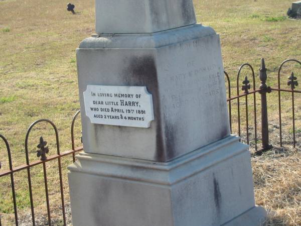 Mary McDONALD  | d: in Harrisville, 14 Dec 1886, aged 40  |   | Harry (McDONALD)  | d: 19 Apr 1891, aged 2 yr 4 mths  |   | Harrisville Cemetery - Scenic Rim Regional Council  | 