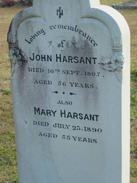 John HARSANT  | d: 10 Sep 1895, aged 56  | Mary HARSANT  | d: 23 Jul 1890, aged 55  |   | Harrisville Cemetery - Scenic Rim Regional Council  | 