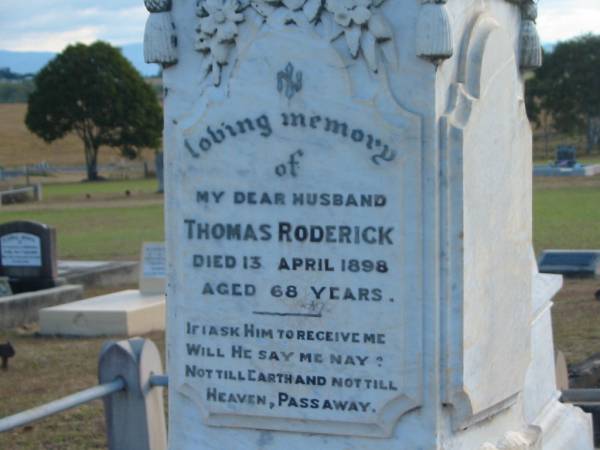 (husband) Thomas RODERICK  | d: 13 Apr 1898, aged 68  | (wife) Ann (RODERICK)  | d: 6 Apr 1921, aged 80  | Harrisville Cemetery - Scenic Rim Regional Council  | 