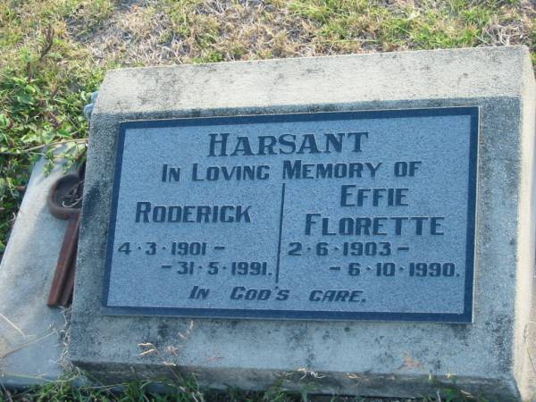 Roderick HARSANT  | b: 4 Mar 1901  | d: 31 May 1991  | Effie Florette HARSANT  | b: 2 Jun 1903  | d: 6 Oct 1990  |   | Harrisville Cemetery - Scenic Rim Regional Council  | 