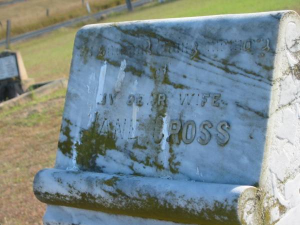 Jane CROSS  | d: 19 Jul 1911, aged 69  | (husband) Abraham CROSS  | d: 19 Jul 1912, aged 74  |   |   | Harrisville Cemetery - Scenic Rim Regional Council  | 
