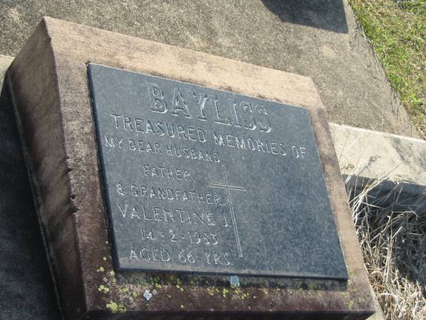 Valentine J BAYLISS (Val)  | d: 14 Feb 1983, aged 66  |   | Harrisville Cemetery - Scenic Rim Regional Council  | 