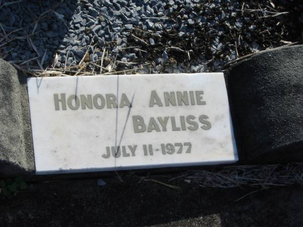 Malcolm BAYLISS  | d: 7 Oct 1963  | Honora Annie BAYLISS  | d: 11 Jul 1977  |   | Harrisville Cemetery - Scenic Rim Regional Council  | 