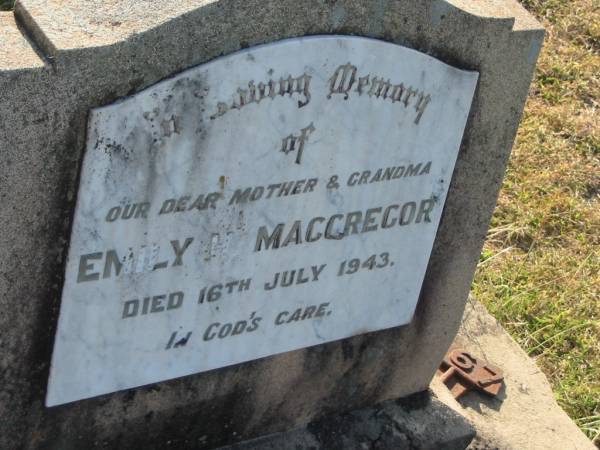 Emily H MACGREGOR  | d: 16 Jul 1943  |   | Harrisville Cemetery - Scenic Rim Regional Council  | 