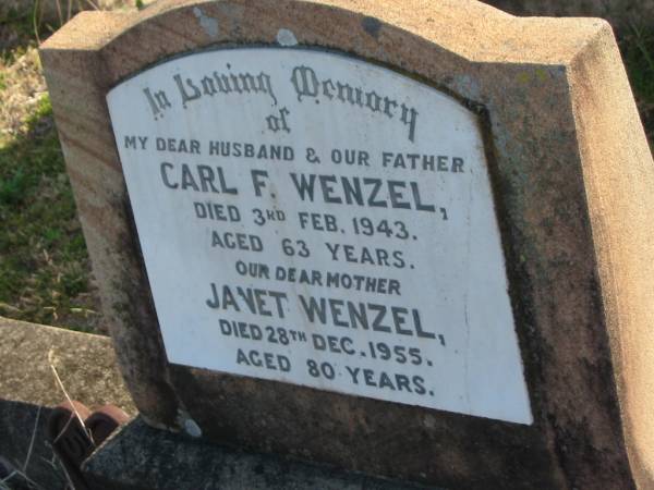 Carl F WENZEL  | d: 3 Feb 1943, aged 63  | Janet WENZEL  | d: 28 Dec 1955, aged 80  |   | Harrisville Cemetery - Scenic Rim Regional Council  | 