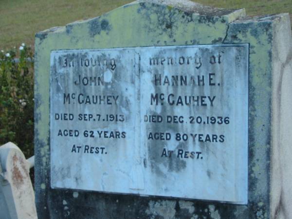 John McGAUHEY  | d: 7 Sep 1913, aged 62  | Hannah E McGAUHEY  | d: 20 Dec 1936, aged 80  |   | Harrisville Cemetery - Scenic Rim Regional Council  | 