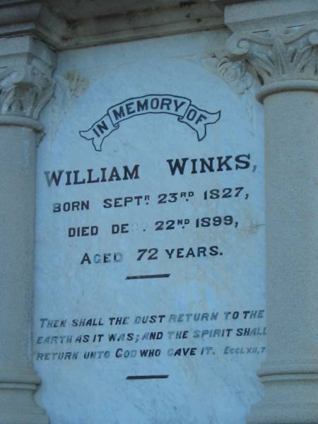 William WINKS  | b: 23 Sep 1827, d: 22 Dec 1899, aged 72  |   | Hannah WINKS  | b: 24 Jan 1838, d: 7 Dec 1925, aged 87 years 11 months  |   | Harrisville Cemetery - Scenic Rim Regional Council  | 