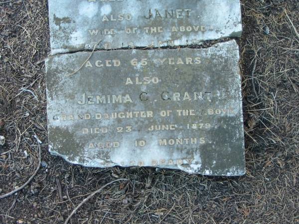 James CRAWFORD  | d: 4 Jul 1895, aged 60  |   | (wife) Janet (CRAWFORD)  | d: 8 Jan ??  aged 65  |   | (granddaughter) Jemima C GRANT  | d: 23 Jun 1879, aged 10 months  |   | Harrisville Cemetery - Scenic Rim Regional Council  | 