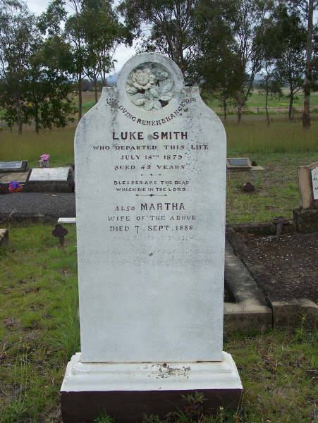 Luke SMITH  | d: 18 Jul 1879, aged 52  | (wife) Martha (SMITH)  | d: 7 Sep 1888  | Harrisville Cemetery - Scenic Rim Regional Council  | 