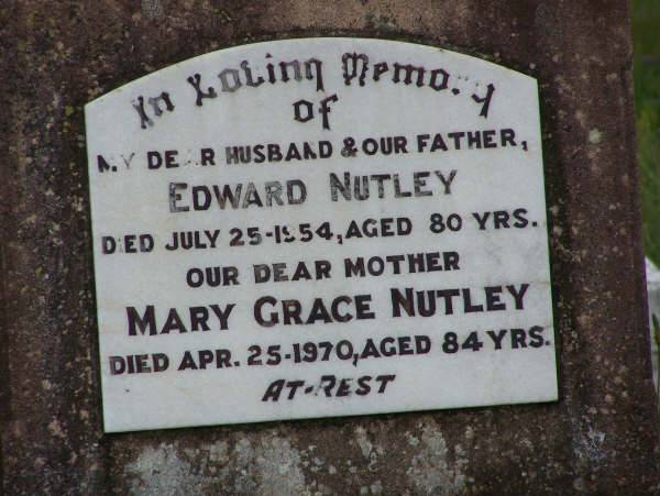 Edward NUTLEY  | d: 25 Jul 1954, aged 80  | Mary Grace NUTLEY  | d: 25 Apr 1970, aged 84  |   | Harrisville Cemetery - Scenic Rim Regional Council  | 