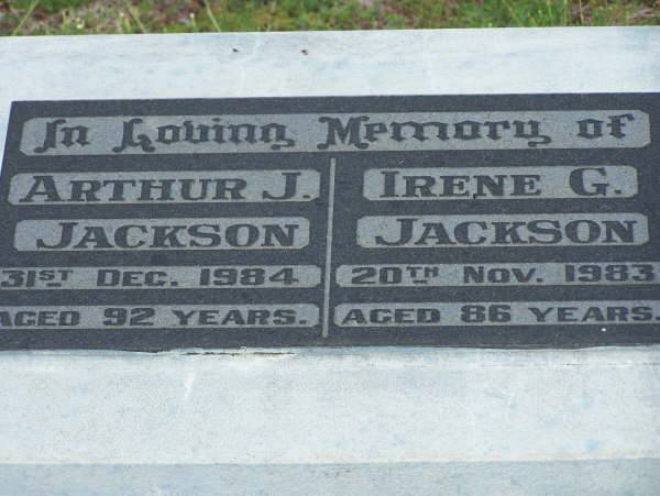 Arthur J JACKSON  | d: 31 Dec 1984, aged 92  | Irene G JACKSON  | d: 20 Nov 1983, aged 86  |   | Harrisville Cemetery - Scenic Rim Regional Council  | 