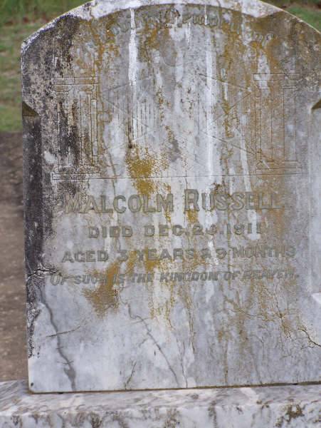 Malcolm RUSSELL  | d: 20 Dec 1911, aged 3 years 9 months  |   | Harrisville Cemetery - Scenic Rim Regional Council  | 
