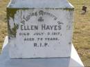 Ellen HAYES d 3 Jul 1917, aged 75 Patrick HAYES d: 2 Jan 1933, aged 95 Ellen C HAYES d: 18 Dec 1928, aged 49 John Patrick HAYES d: 29 May 1951, aged 71 (uncle) Henry Joseph HAYES d: 23 Aug 1942, aged 68 Harrisville Cemetery - Scenic Rim Regional Council  
