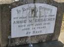 
Annie M ERBACHER
d: 19 Jun 1942, aged 58
Harrisville Cemetery - Scenic Rim Regional Council

