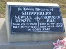 
Newell Denzel SHIPPERLEY
b: 23 Nov 1920, d: 30 Nov 1920
Frederick Hill SHIPPERLEY
b: 16 Oct 1890, d: 14 Aug 1983
Harrisville Cemetery - Scenic Rim Regional Council

