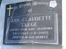 Ann Claudette TAEGE b: 24 Jan 1942, d: 1 Jun 2005 Harrisville Cemetery - Scenic Rim Regional Council  