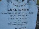 Luke SMITH d: 18 Jul 1879, aged 52 (wife) Martha (SMITH) d: 7 Sep 1888 aged 59 Harrisville Cemetery - Scenic Rim Regional Council 