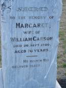 Elizabeth (CARSON) (wife of Hugh R CARSON) d: 2 Feb 1898, aged 30 Joseph Lloyd (CARSON) infant son, aged 4 weeks  Hugh H CARSON d: 26 Feb 1939, aged 80  Hugh Mc L CARSON d: (France) 29 May 1918, aged 23  Margaret (CARSON) (wife of William CARSON) d: 20 Sep 1900, aged 76  William CARSON d: 26 Aug 1907, aged 87  Alice Jane CARSON (daughter) d: 6 Oct 1932, aged 71  Harrisville Cemetery - Scenic Rim Regional Council 