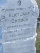 
Elizabeth (CARSON)
(wife of Hugh R CARSON)
d: 2 Feb 1898, aged 30
Joseph Lloyd (CARSON)
infant son, aged 4 weeks

Hugh H CARSON
d: 26 Feb 1939, aged 80

Hugh Mc L CARSON
d: (France) 29 May 1918, aged 23

Margaret (CARSON)
(wife of William CARSON)
d: 20 Sep 1900, aged 76

William CARSON
d: 26 Aug 1907, aged 87

Alice Jane CARSON
(daughter)
d: 6 Oct 1932, aged 71

Harrisville Cemetery - Scenic Rim Regional Council
