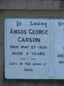 Angus George CARSON d: 27 May 1936, aged 3  William Robert CARSON d: 2 Oct 1975, aged 82  Mary Loamside GRIFFITH d: 24 Jun 1951, aged 28 Mary CARSON d: 11 Jul 1976, aged 83  Harrisville Cemetery - Scenic Rim Regional Council 