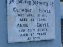 Clemont BOYLE d: 27 Apr 1970, aged 83 Annie BOYLE d: 23 Sep 1974, aged 86 Harrisville Cemetery - Scenic Rim Regional Council 