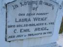 Laura WEIGEL d: 22 Dec 1928, aged 52 G Emil WEIGEL d: 3 Jul 1959, aged 86 Harrisville Cemetery - Scenic Rim Regional Council 