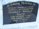 Charles William TAEGE b: 1 Oct 1903, d: 31 Mar 1975, aged 71 Harrisville Cemetery - Scenic Rim Regional Council 