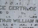 Alice Gertrude HUNT d: 11 Jul 1939, aged 71 Arthur William HUNT d: 6 May 1947, aged 86 Harrisville Cemetery - Scenic Rim Regional Council 