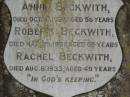 Annie BECKWITH d: 10 Oct 1927, aged 56 Robert BECKWITH d: 25 Mar 1937, aged 65 Rachel BECKWITH d: 8 Aug 1933, aged 49 Harrisville Cemetery - Scenic Rim Regional Council 