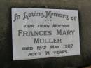 Frances Mary MULLER d: 19 May 1987, aged 71 Harrisville Cemetery - Scenic Rim Regional Council 