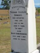 Thomas Charles HOSKINS d: 16 Jul 1919, aged 71 Mary Ann HOSKINS d: 1 Jun 1927, aged 75  Harrisville Cemetery - Scenic Rim Regional Council  