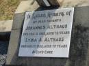 Johannes ALTHAUS d: 12 Feb 1962, aged 79 Lydia A ALTHAUS d: 17 Aug 1962, aged 79  Harrisville Cemetery - Scenic Rim Regional Council  