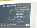 
Ruby RAYNER
b: 15 Dec 1907, d: 17 Jun 2001

Harrisville Cemetery - Scenic Rim Regional Council
