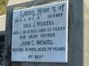 Edna J WENZEL d: 21 Jun 1965, aged 52 John C WENZEL d: 15 Dec 1989, aged 79  Harrisville Cemetery - Scenic Rim Regional Council 